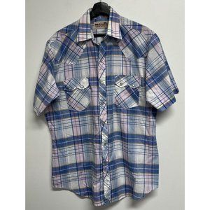 Vintage Stagecoach Western Wear Mens Plaid Pearl Snap Shirt Size L Blue Pink S/S